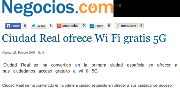 Negocios.com - 27/2/2015 - Ciudad Real ofrece Wi Fi gratis 5G