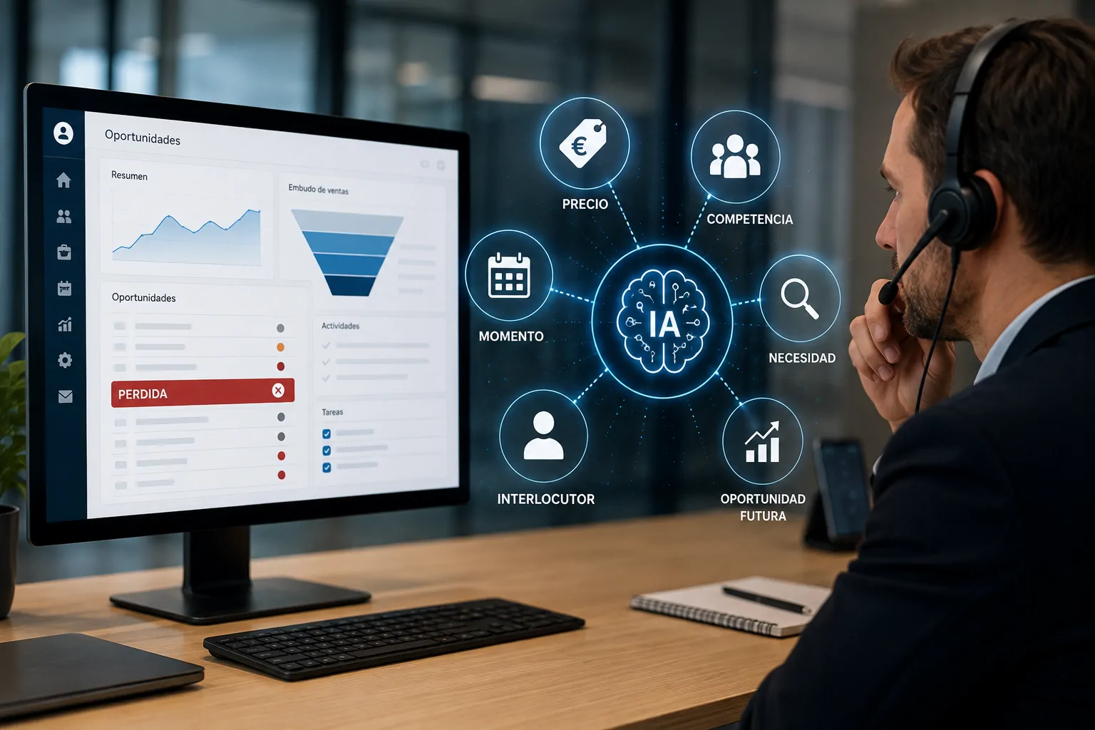 Director comercial analizando patrones y causas de oportunidades perdidas mediante inteligencia artificial aplicada a llamadas