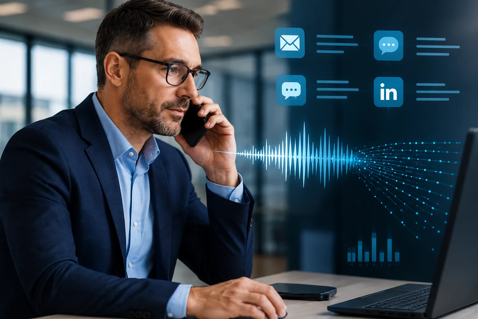 Inteligencia artificial analizando múltiples llamadas de clientes para identificar patrones y tendencias