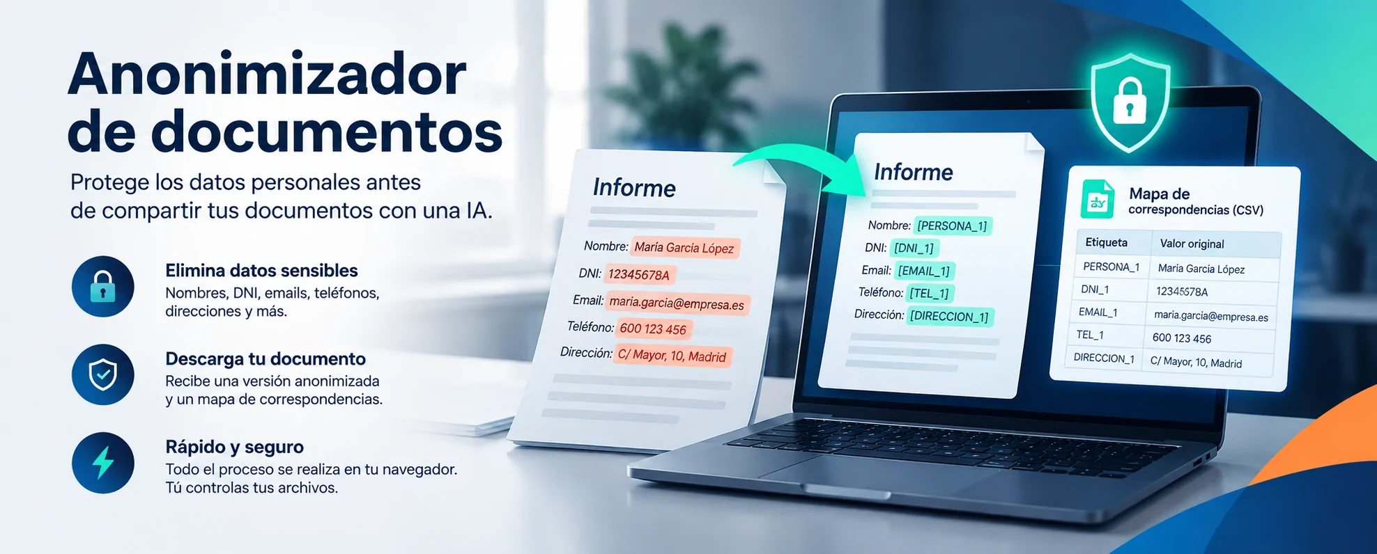Anonimizador de documentos online de Ibersontel para proteger datos personales antes de compartir archivos con IA